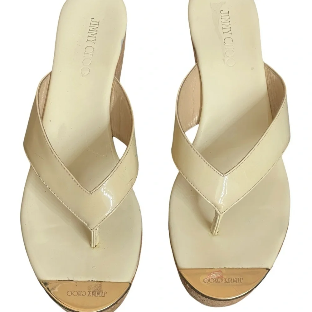 JIMMY CHOO Open Toe Platform Wedge Sandals Leather‎ Cork Size 7/ 37